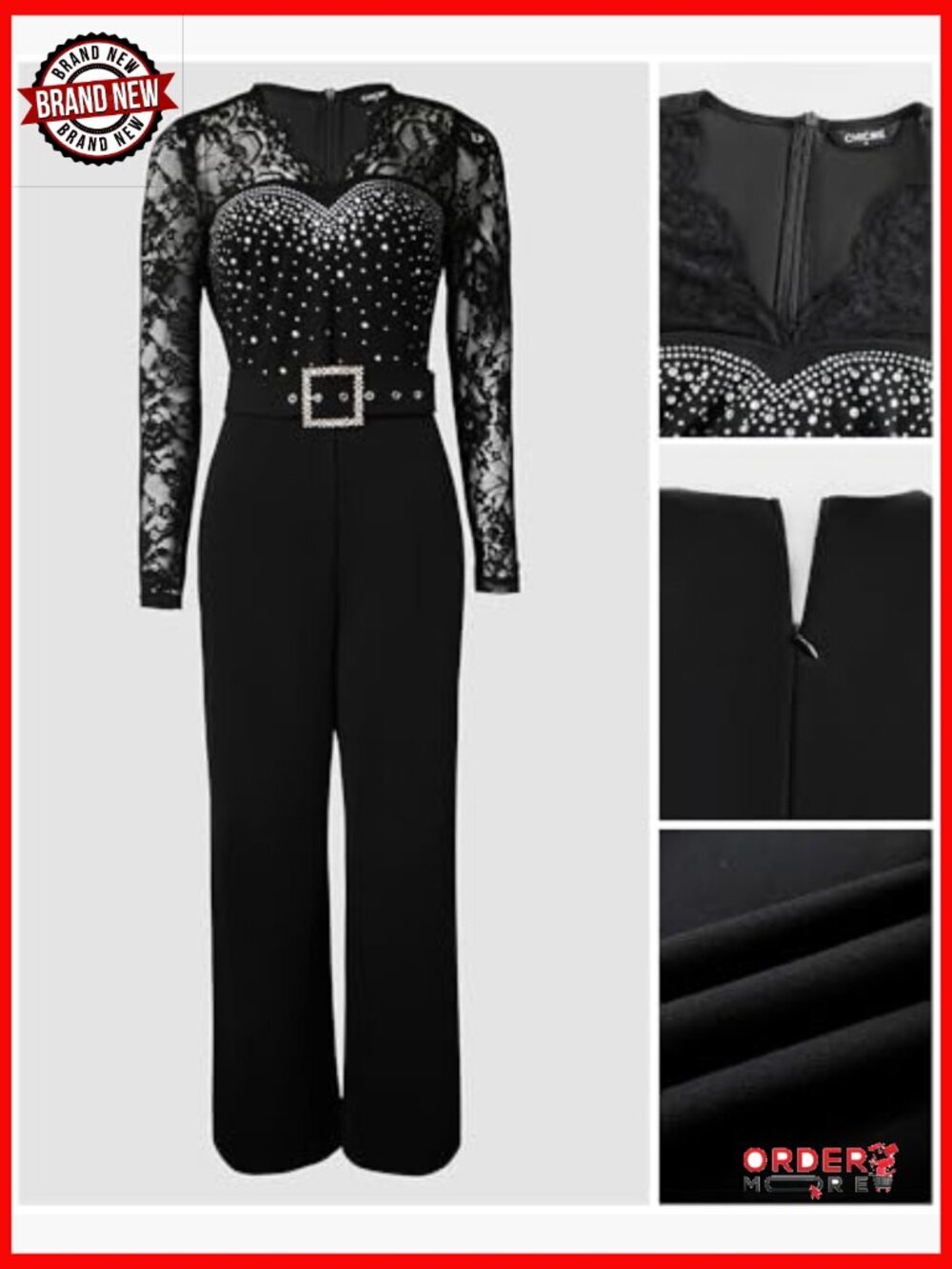 Lace Jumpsuit Rhinestone V-Neck Long Sleeve Straight Leg Evening Pantsuit - Picture 5 of 7